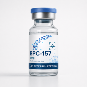 BPC-157 5mg research peptide vial with Jet Research Peptides branding on a clean clinical background