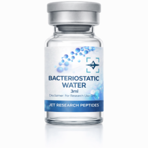 3ml bacteriostatic water vial with a blue and white Jet Research Peptides label on a clear glass bottle