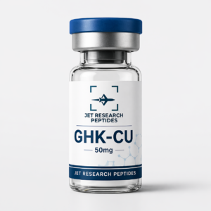 GHK-CU 50mg research vial with blue cap and Jet Research Peptides label on a clean light background
