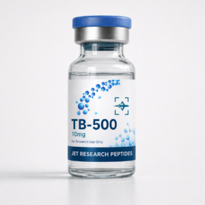 TB-500 10mg research peptide vial with Jet Research Peptides branding on a clean clinical background