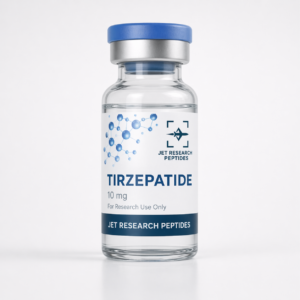 Tirzepatide 10mg research vial with blue cap and Jet Research Peptides label on a clean white background