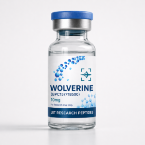 WOLVERINE 10mg BPC157 TB500 research vial with Jet Research Peptides branding on a clean white background